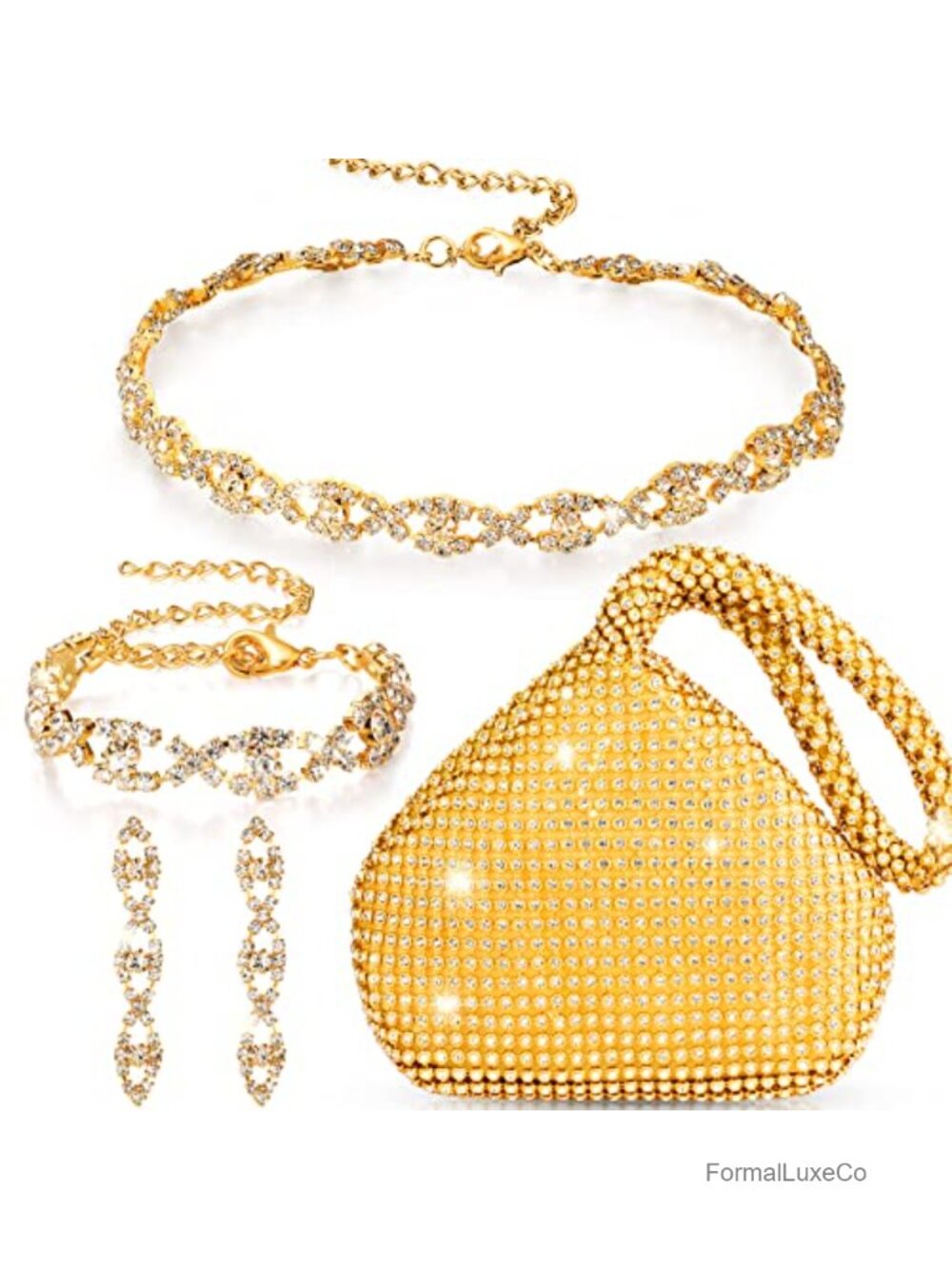 Crystal Rhinestone Jewelry Set with Evening Clutch Purse, 4 Pieces Bridal Party
